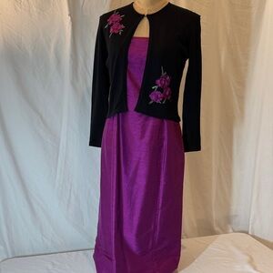 Vintage Harold’s Fuchsia Silk Dress w/ Embellished Silk Blend Knit Cardigan.